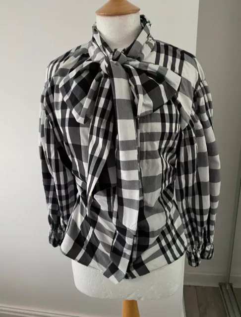 Zara black and white checked gingham pussy bow blouse rouched size XS UK 6 8