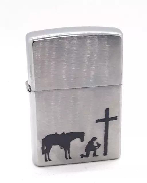 Kneeling Praying Cowboy With Horse At Cross Zippo Lighter Brushed Chrome