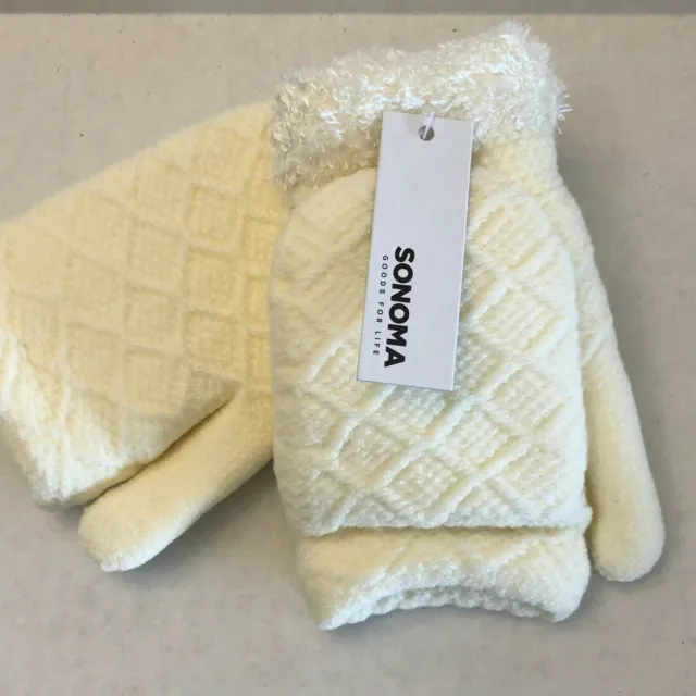 Women's Sonoma Cable Knit Flip Top Mittens Ivory One Size NWT