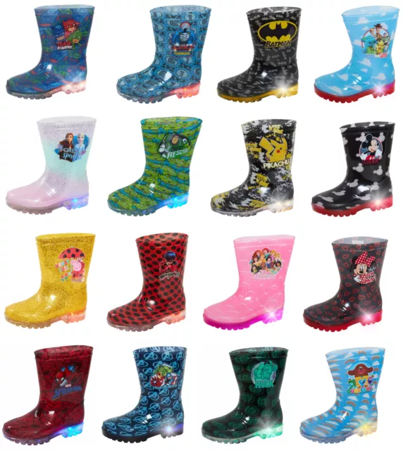 Boys Girls Character Light Up Wellington Boots Kids Flashing Snow Rain Wellies