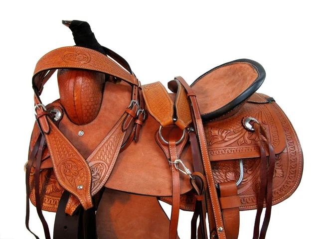 Trail Leather Roping Ranch Hard Seat Rough Out Basket Weave Leather Horse Saddle