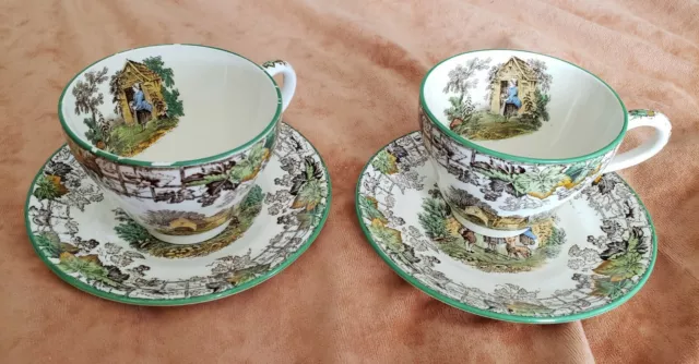 Vintage Spode Copeland Byron Green Trim Tea Set 2 Cups 2 Saucers