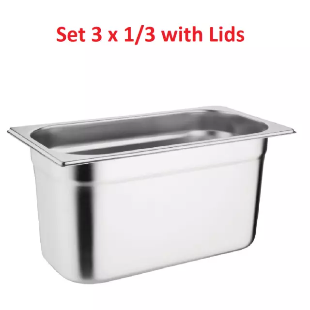 3 Pan Pot Wet Heat Bain Marie Food Warmer Holder 3X 1/3 Pans & Lids Inc 2