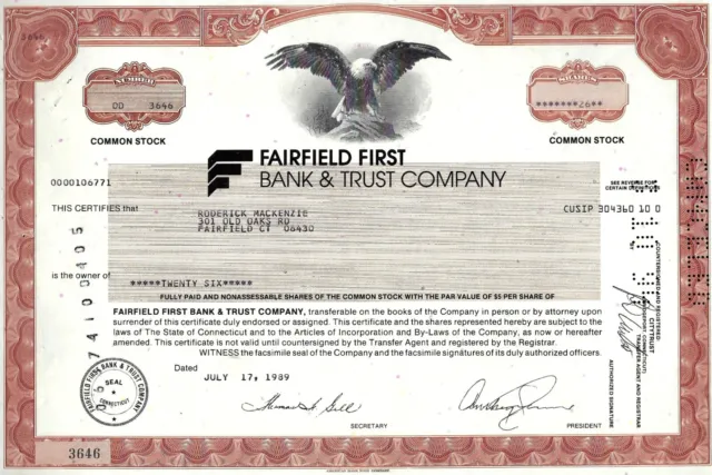 Fairfield First Bank & Trust Company, Connecticut, 1989 (26 Shares)