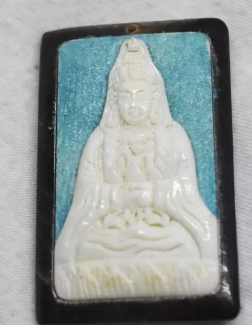 Vintage Antique Chinese QUAN YIN Carved Polychrome Rectangular Plaque Pendant