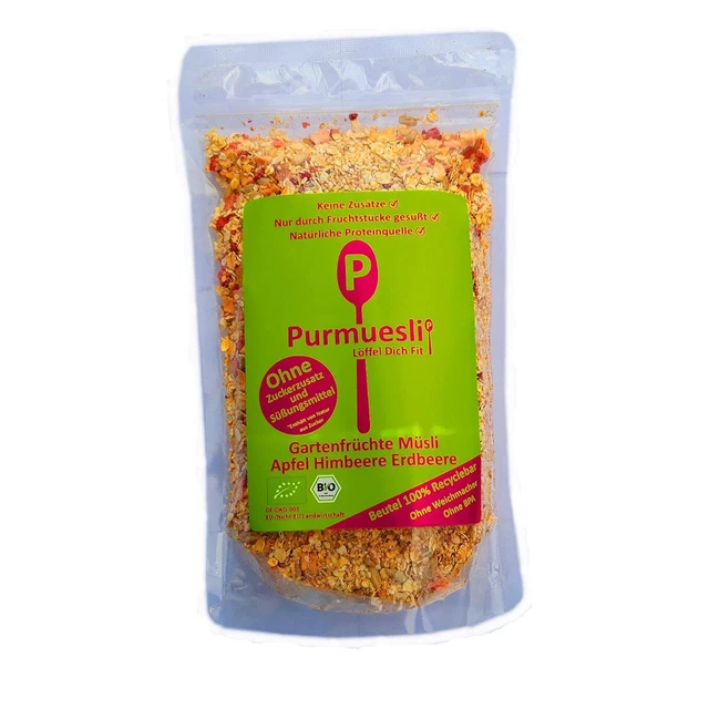 Purmuesli BIO - cereali da giardino frutta | mela, lampone, fragola (350 g)