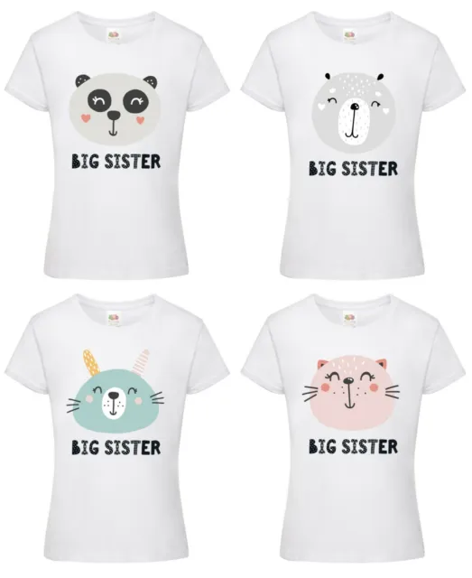 Girls Big Sister Animal T-Shirt - Printed Gift Present Cute Top Pregnancy Reveal