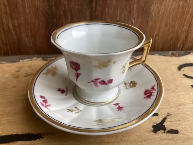 Raynaud Limoges France Porcelain Cabinet Cup and Saucer Red & Gold Flowers