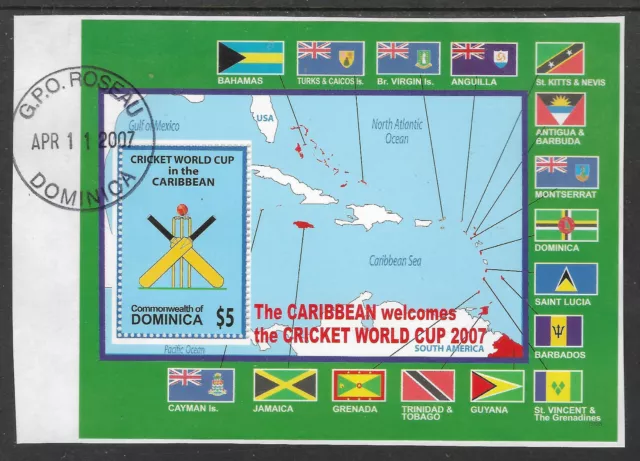 DOMINICA 2007 ICC CRICKET WORLD CUP FLAGS MAP Souvenir Sheet FINE USED on piece