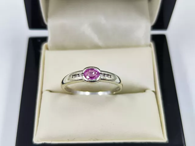 9ct White Gold Ring With Pink Topaz & Diamond Size R Hallmarked Sweets