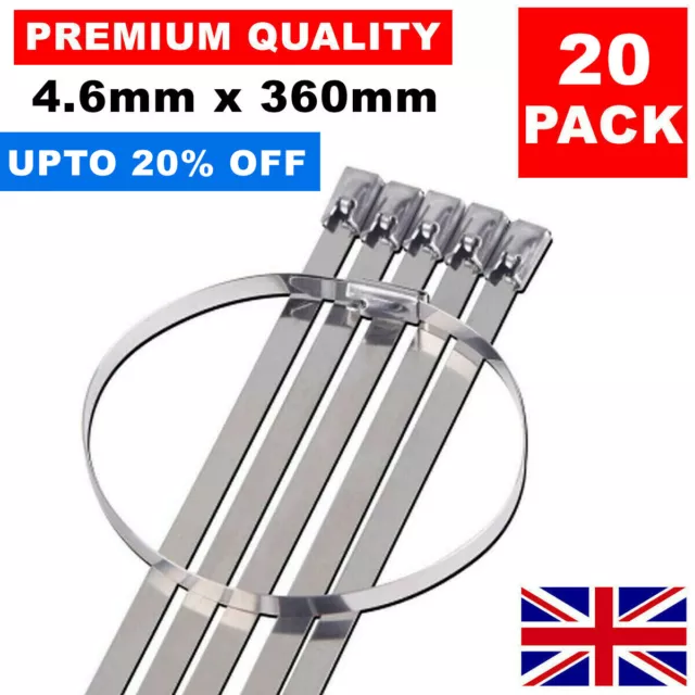 20 STAINLESS STEEL CABLE TIES 4.6 x 360 MM METAL STRIPPING HEAT EXHAUST WRAP TIE