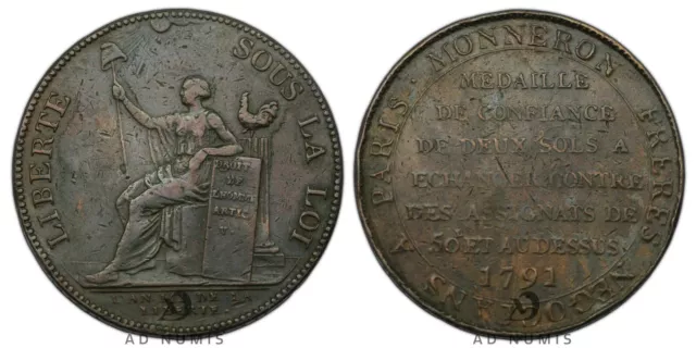 Francia Monneron 2 Soles 1791 Medalla De Trust Birmingham Soho Cobre