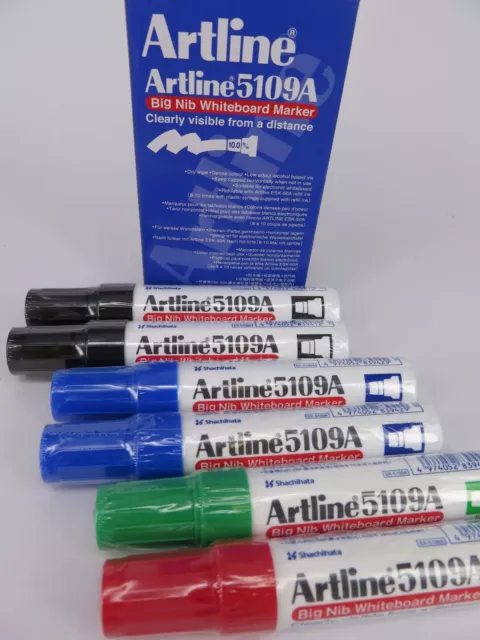 Artline 5109A Big Nib Whiteboard Markers 4-Pack 2-Black, 2-Blue Bundle +  Eraser