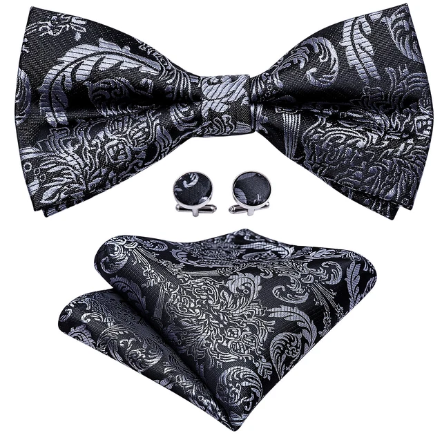 Mens Bow Tie Black Grey Paisley Pre-tied Bowtie Pocket Square Cufflinks Formal