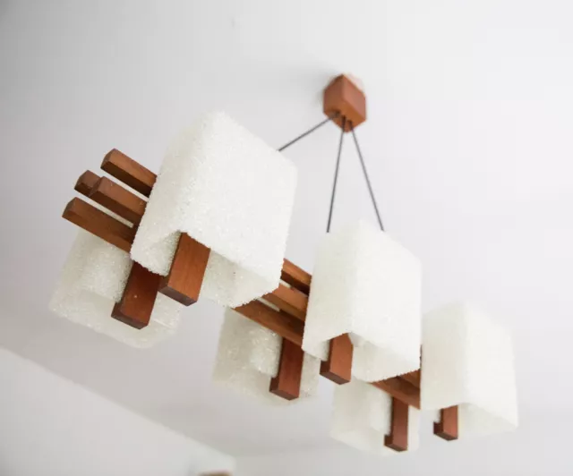 Retro Vintage Scandinavian 6 Light Chandelier in Teak Wood with Perspex shades