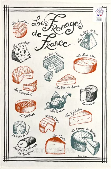 French Cotton Kitchen Dish/Tea Towel - French Cheeses - Made in France