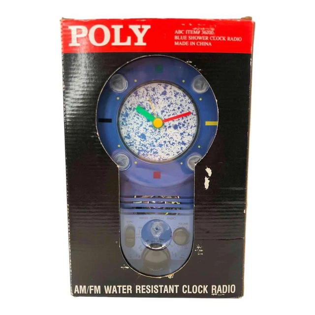 Vtg, New in Open Box Poly Blue Shower AM/FM Clock Radio Model 2288 1990s Retro