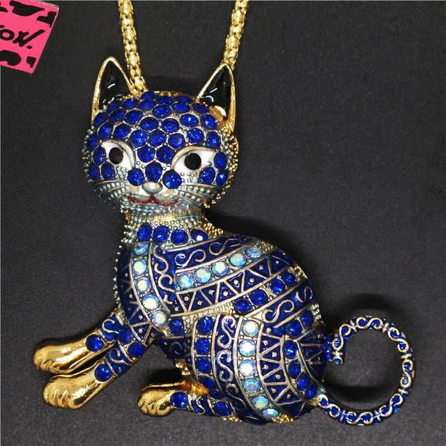 Hot Blue Enamel Exquisite Cat Crystal Betsey Johnson Pendant Sweater Necklace