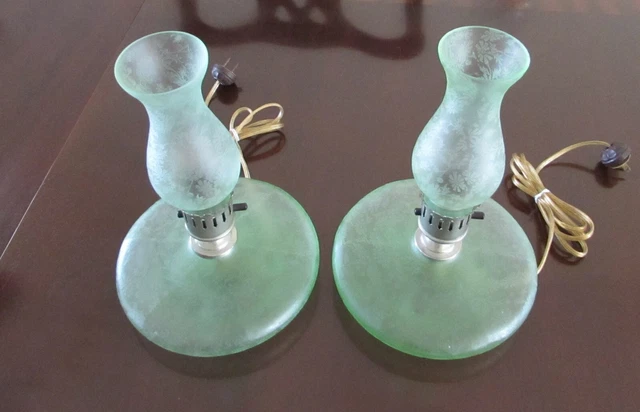 Rare Pair Fenton Boudoir Pancake Lamps 1920s Green Floral Etched Satin Glass