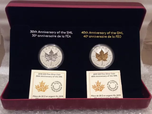 2018 Silver Maple Leaf 30th $20 1OZ Coin SML & 2019 40th Gold Maple Leaf GML $20