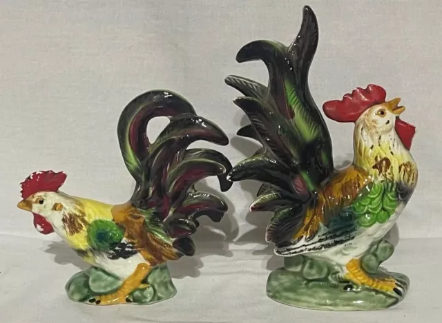 Vintage Pair Of Ceramic Roosters Hand Painted Farmhouse Decor Made In Japan