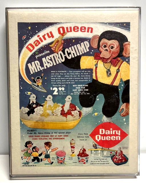 Mr. Astro Chimp Vintage Dairy Queen 1961 Original Advertisement Framed RARE !