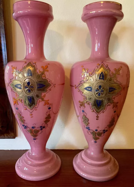 Pair Victorian Bristol Opaline Pink Enamelled Jewelled Glass Style Vases c.1880