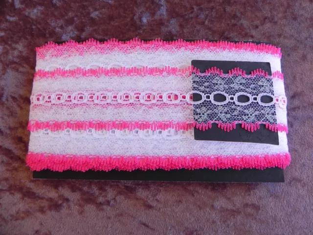 New 10mt card of Knitting/Eyelet Lace - White Sparkle with Dark Pink Edge