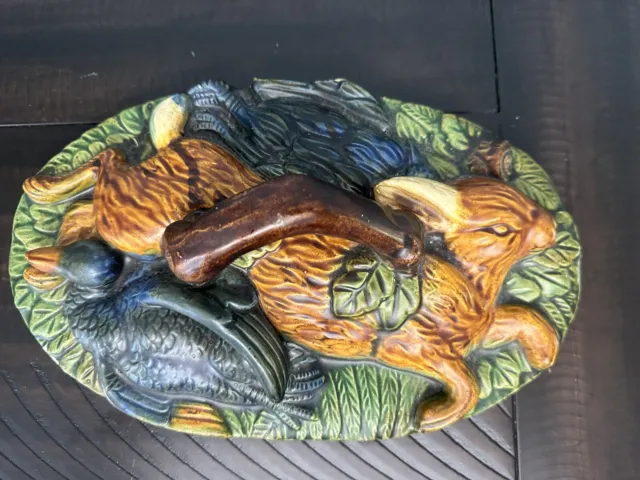 Vintage Majolica Game Pie Dish COVER ONLY Hare Rabbit Duck Ceramic 11.5” Wide