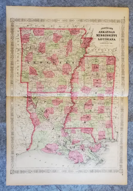 Johnson's Family Atlas Map Of Arkansas, Mississippi & Louisiana 1867