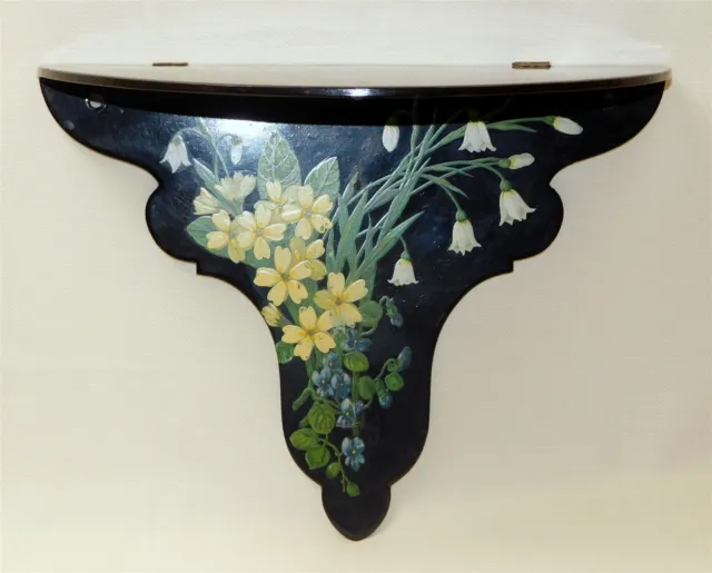 Antique Black Lacquer Yellow Floral Folding Chinoiserie Wall Shelf