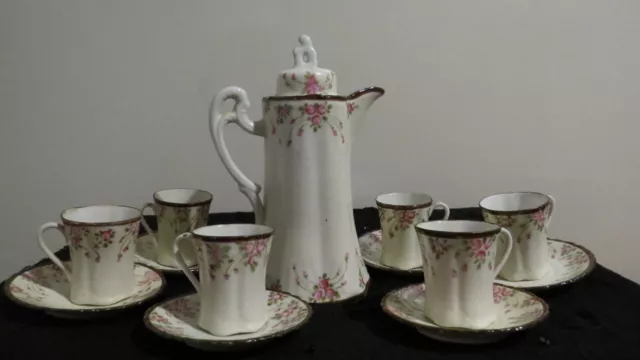 Antique Hand Painted Chocolate Coffee Tea Pot Set 6 Demitasse Cups & Saucers