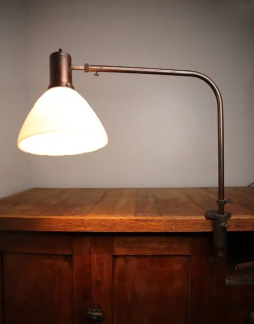antique drafting Lamp industrial light swing Arm milk glass shade oc white era