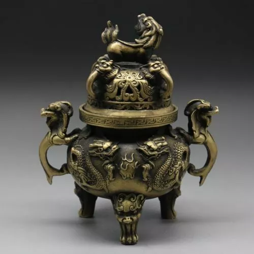 China Antiques copper hand made dragon kylin lion three foot Incense Burnerss