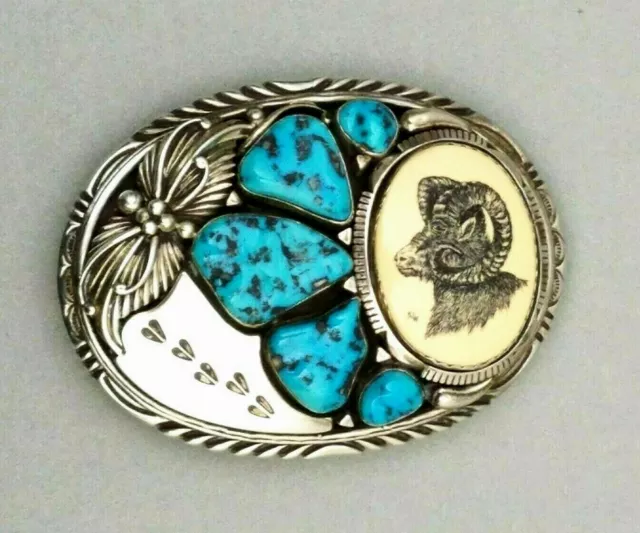 Vintage Western Signed Belt Buckle Sterling Silver Turquoise Scrimshaw Ram Head