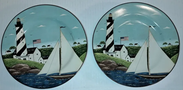 Sakura Warren Kimble Coastal Breeze 8” Salad Plates Set Of 2 Lighthouse Sailboat