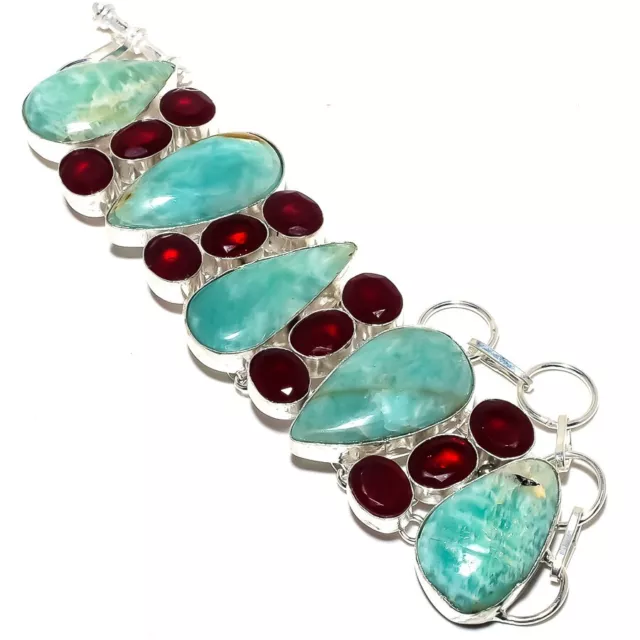 Amazonite, Ruby Gemstone Handmade 925 Sterling Silver Bracelet 7-8"