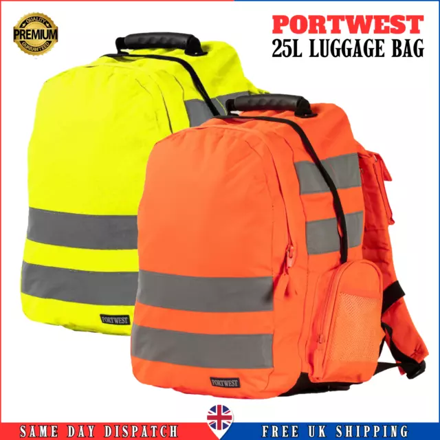 Portwest Hi Vis Backpack Rucksack Luggage Padded Back Reflective Work Bag 25L UK