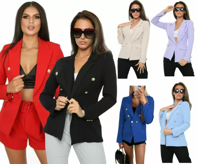 New Ladies Gold button stretch military style double breasted blazer jacket UK