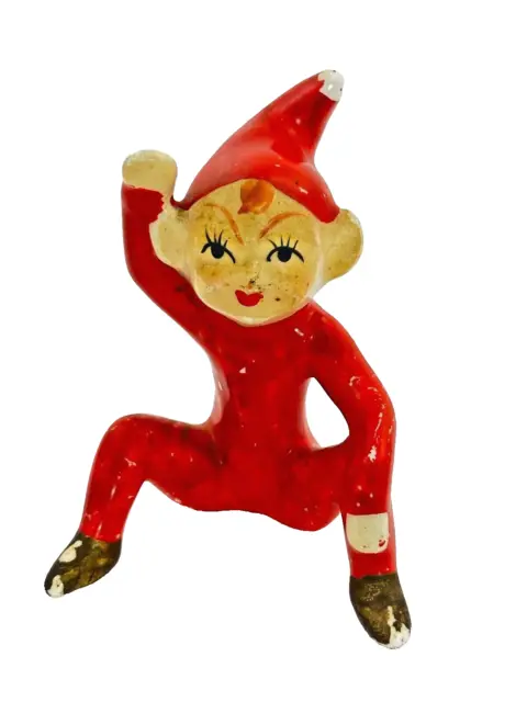 Vtg Ceramic Christmas Red Pixie Elf Sitting & Waving Hand Figurine Made in Japan
