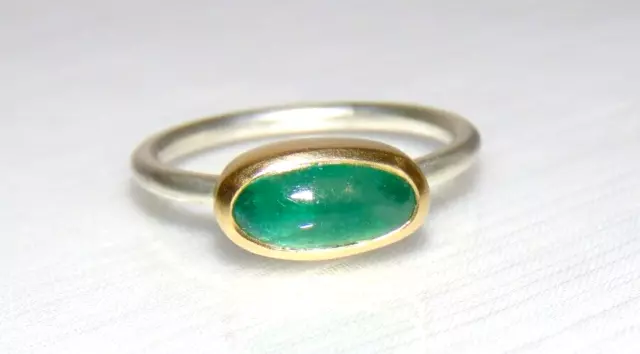 Smaragd Ring aus Silber und 750 Gold, Cabochon Ring, Weite 55, Einzelstück