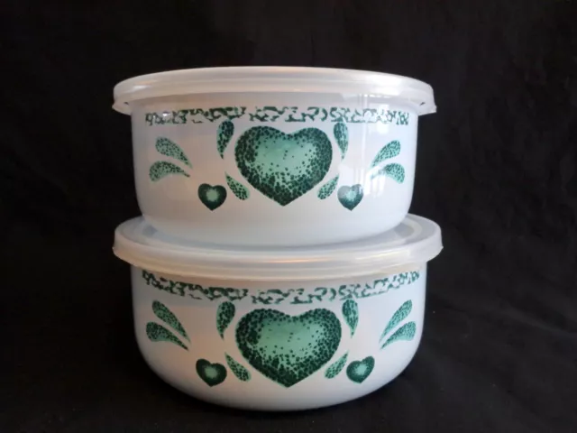 ENAMEL NESTING BOWLS with Lids Set of 2 White Green Heart Mixing Food Storage