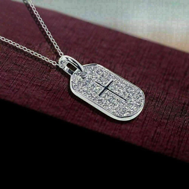 2 Ct Round Cut Moissanite Dog Tag Pendant & Necklace 14k White Gold Plated