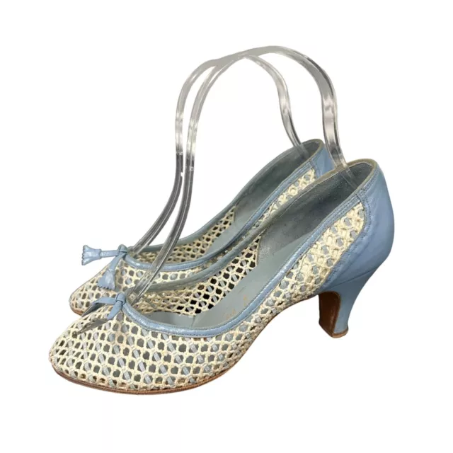 Vtg 50s 60s Life Stride Blue Net Lace Pinup Rockabilly Heels Bow Size 5 Womens