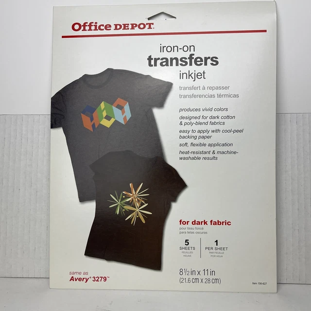 NEW IRON ON Transfers 5 Sheets 8.5 X 11 OFFICE DEPOT Inkjet For Dark