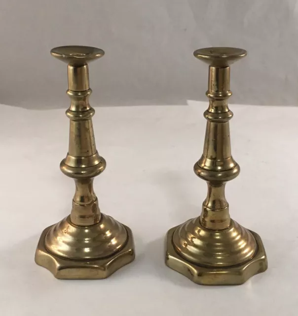 Antique Pair Of Small Miniature Brass Baluster Stem Candlesticks 19Th Century