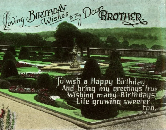 Antique birthday card Brother postcard RPPC posh garden scene vintage #15