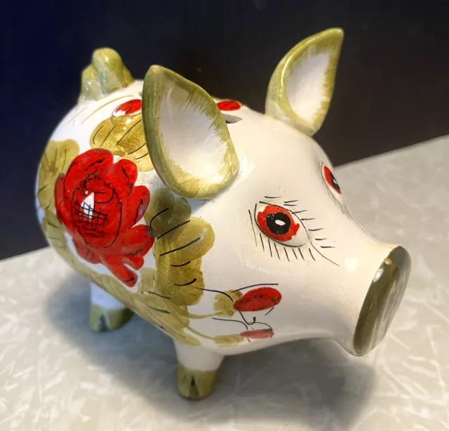 Vintage Piggy Bank Hand Painted Floral 1960s Italian Pottery Ceramic Pig Decor