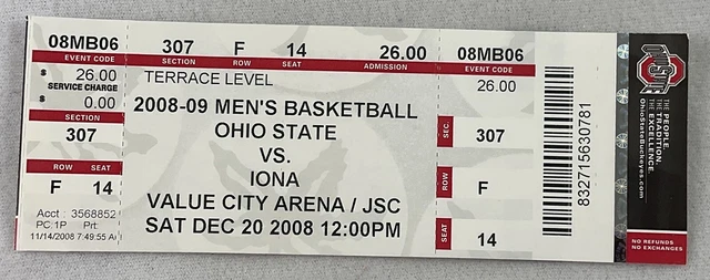 CBK 2008 12/20 Iona at Ohio State Basketball FULL Ticket-Scott Machado