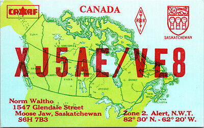 Vtg Ham Radio CB Amateur QSL QSO Card Postcard CANADA MOOSE JAW XJ5AE/VE8 1980